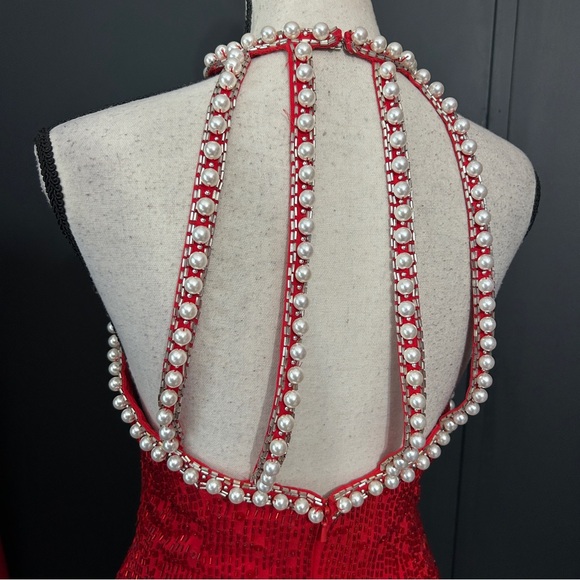 Vintage 80s Red Silk Beaded Pearl Oleg Cassini Black Tie Cocktail Dress Glam 2 - Picture 5 of 11